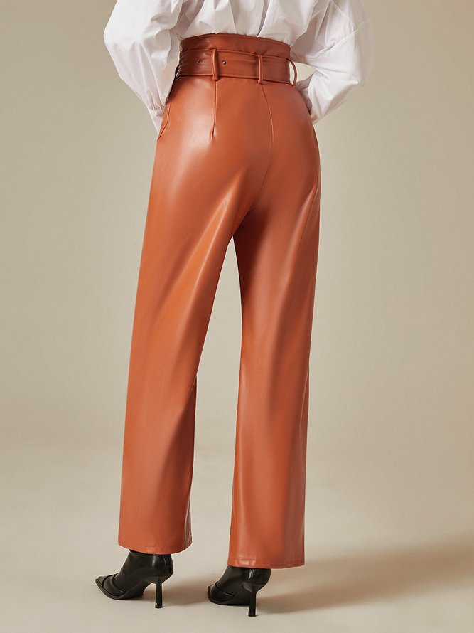 Urban High Waist Plain Faux Leather Pants With Belt