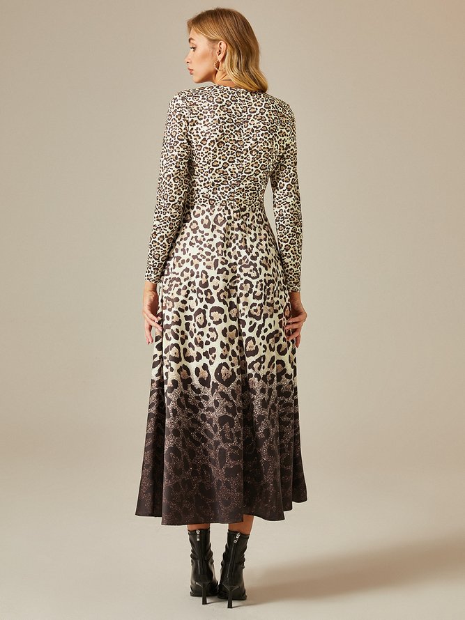 Leopard  Print Urban Regular Fit Pockets Crew Neck Dress
