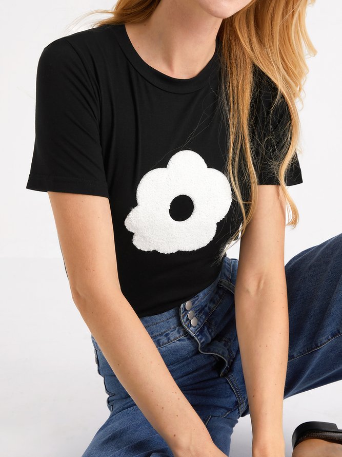 Simple Floral Skinny Crew Neck Short Sleeve T-Shirt