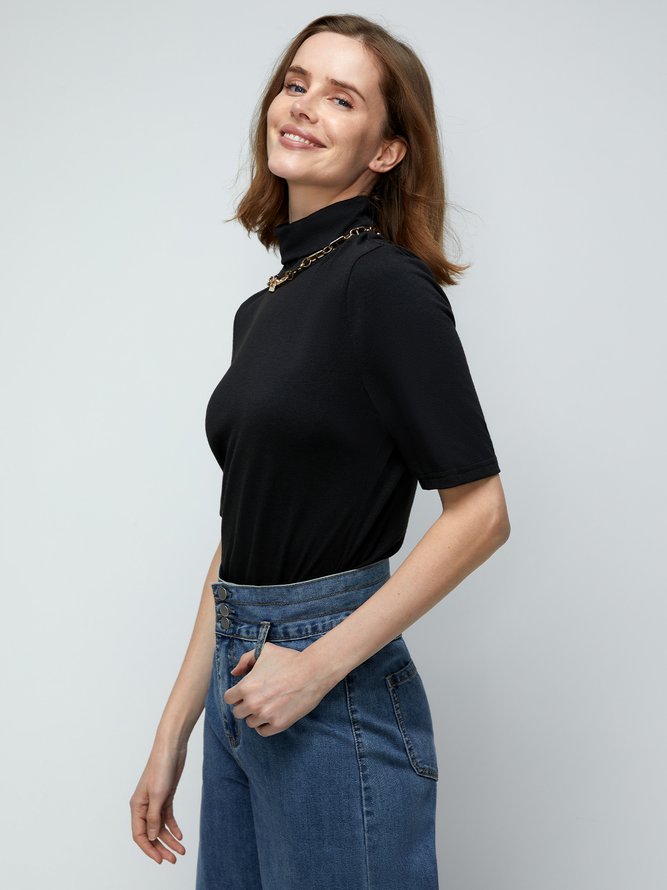 Spring Plain High Neck Slim Fit Lightweight Daily Top | stylewe