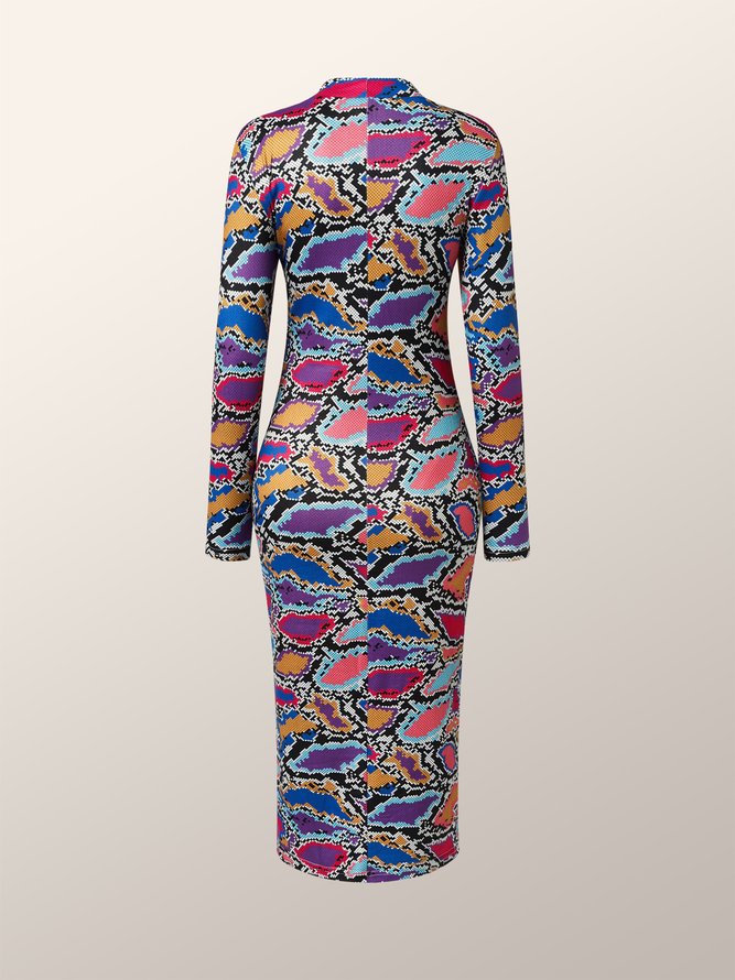 High ElasticityTight  Stand Collar Long sleeve Geometric Elegant Dress