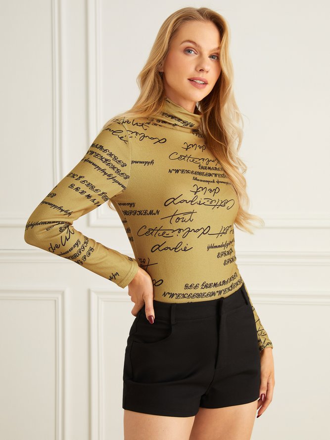 Regular Fit Text Letters Casual Turtleneck T-Shirt