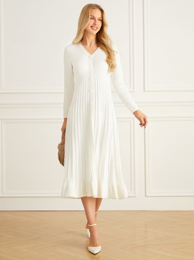 Elegant Plain Long Sleeve Buttoned Pleated Sweater Dress