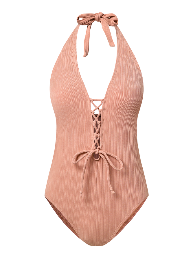 Casual Plain Hollow Out V Neck One Piece Swimsuit