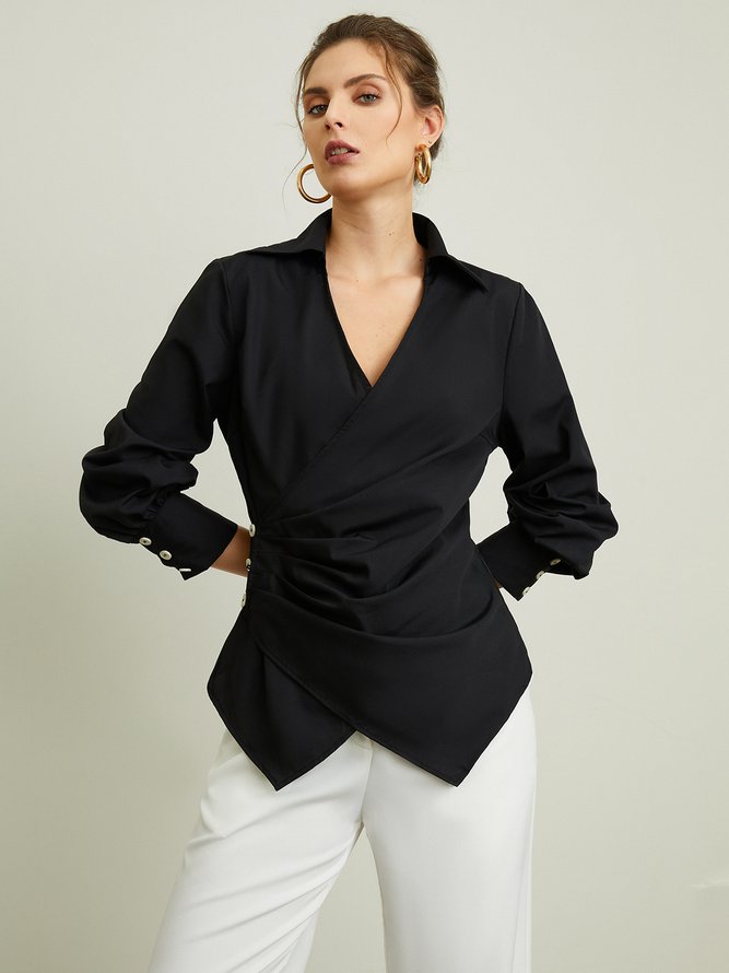Shirt Collar Plain Elegant Long Sleeve Daily Blouse