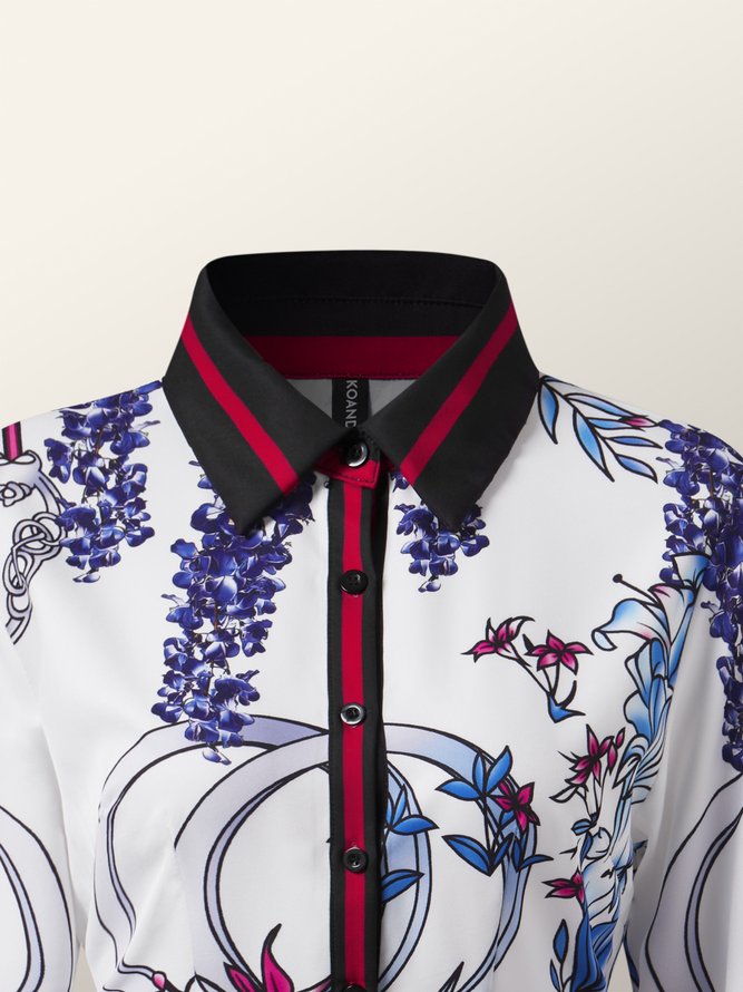 Elegant Floral Long Sleeve Shirt Collar Regular Fit Midi Dress