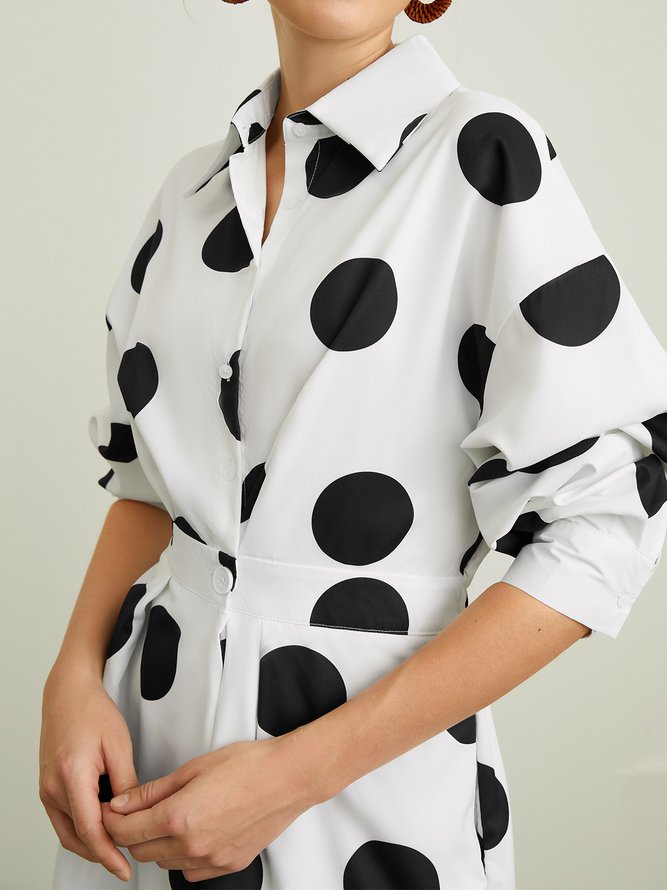 Elegant Shirt Collar Polka Dots Pockets Midi Dress