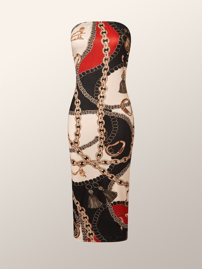 Tight Abstract Strapless Midi Dress（Jacket Not Included）