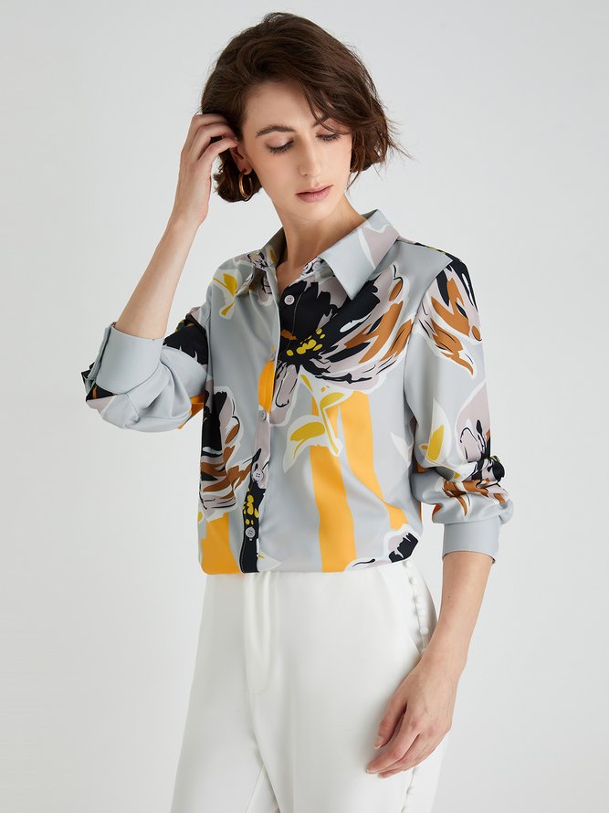 Elegant Floral Shirt Collar Long Sleeve Blouse