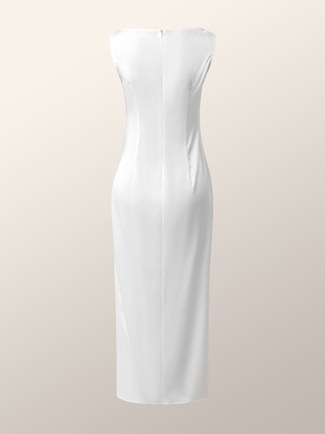 Elegant Boat Neck Solid Sleeveless Midi Dress