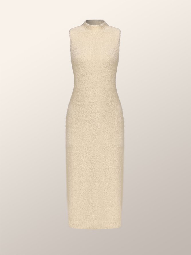 Elegant Tight Turtleneck Plain Sleeveless Midi Dress