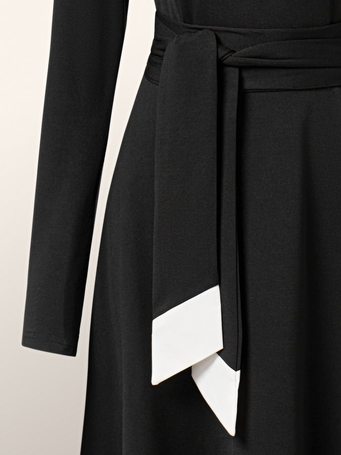 Elegant Color Block  Long Sleeve Midi Dress