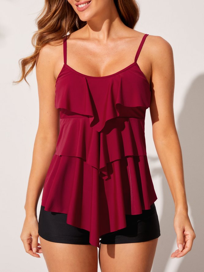 Vacation Plain Flouncing Scoop Neck Tankinis Two-Piece Set
