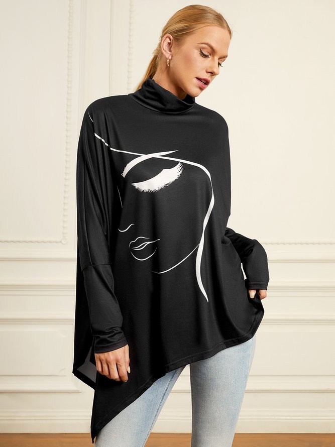 Turtleneck Abstract Simple Long Sleeve Blouse