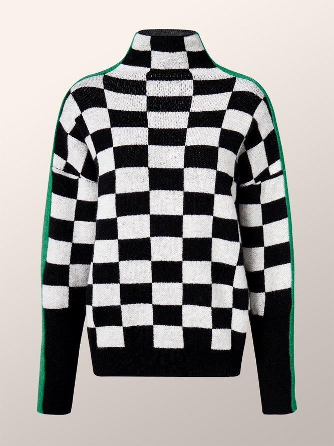 Turtleneck Color Block Plaid Long Sleeve Sweater