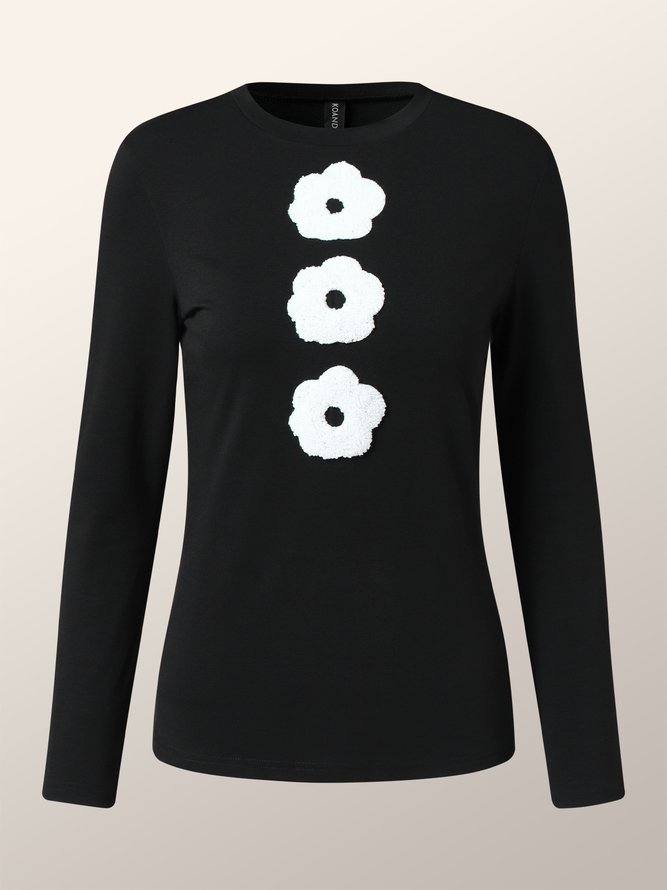 Crew Neck Simple Floral Long Sleeve T-Shirt