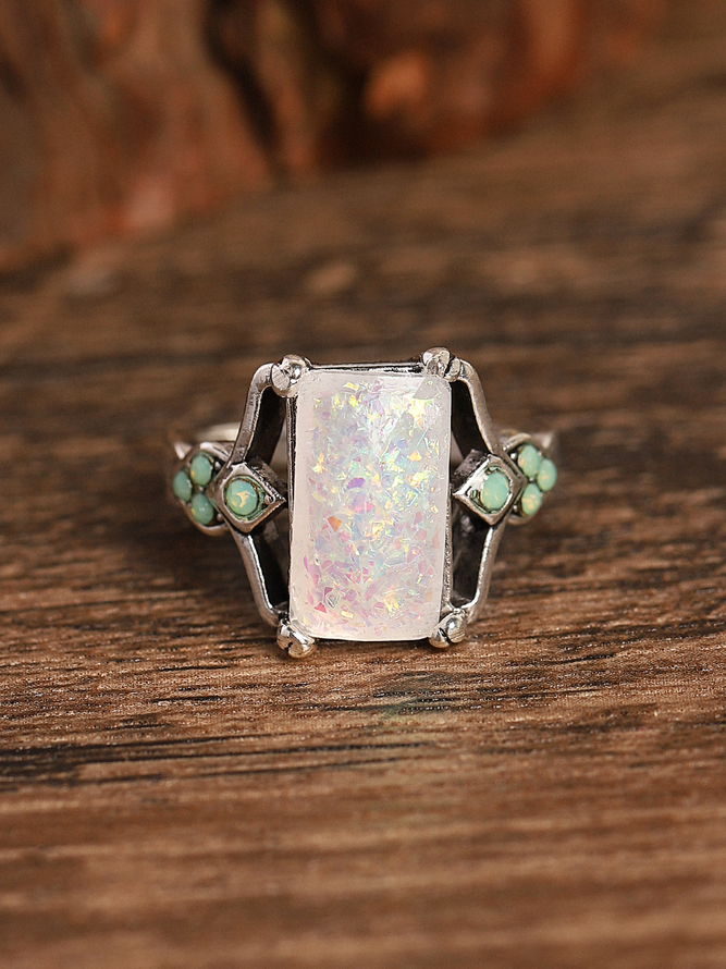 Vintage White Opal Ancient Silver Ring