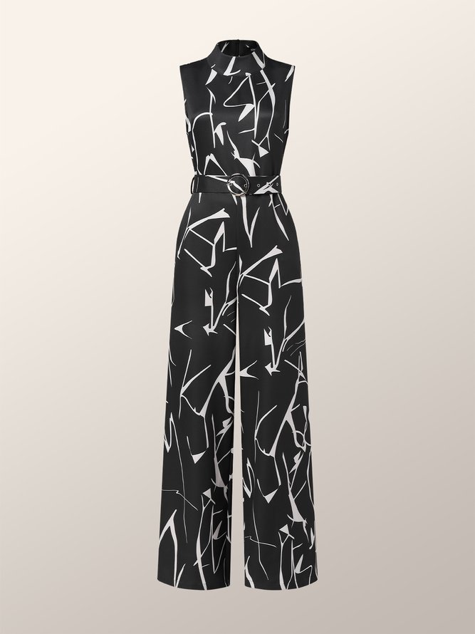 Stand Collar Sleeveless Elegant Printed Jumpsuit