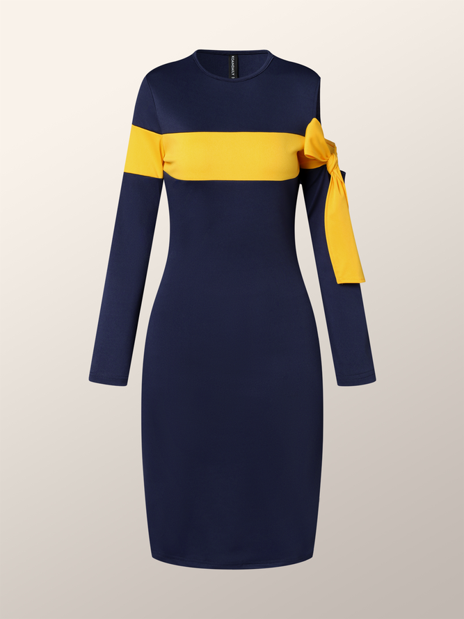Autumn Hip Skirt High Elasticity Crew Neck Color Block Elegant S-Line Dress
