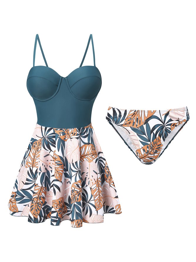 Vacation Floral Printing Scoop Neck Swimdress Two-Piece Set