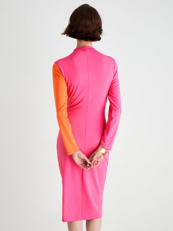 Long Sleeve Tight Color Block Elegant Midi Dress
