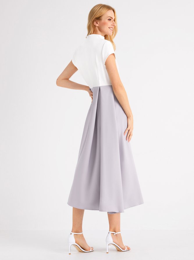 Elegant Formal V Neck Short Sleeve Color Block  Dress