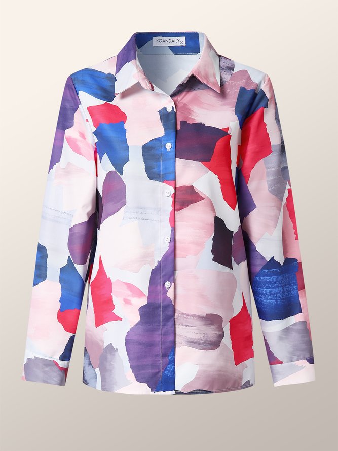 Abstract Shirt Collar Long Sleeve Blouse