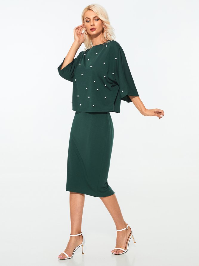 Daily Green Regular Fit Crew Neck Plain Two Piece Sets