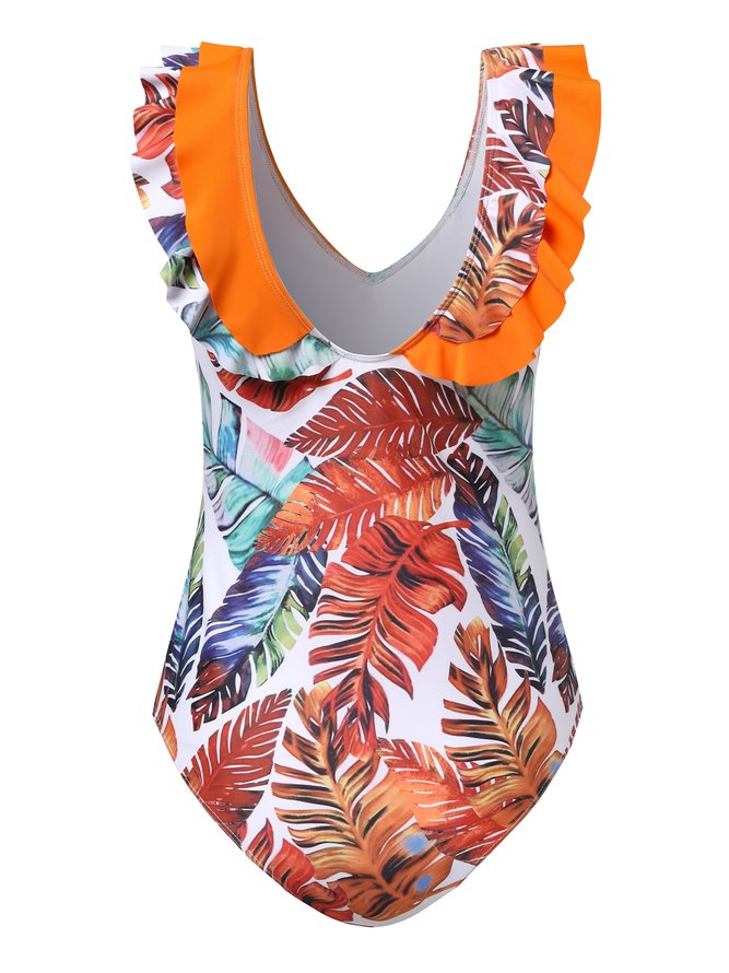 Vacation Plants Flouncing V Neck One Piece Swimsuit