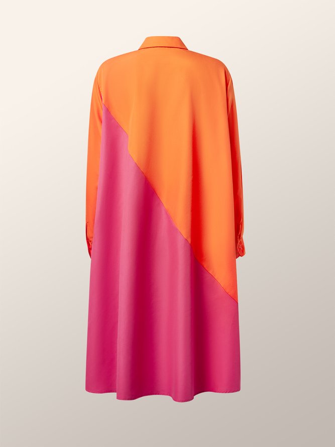 Midi Long sleeve Regular Fit Color Block Shirt Collar Dress