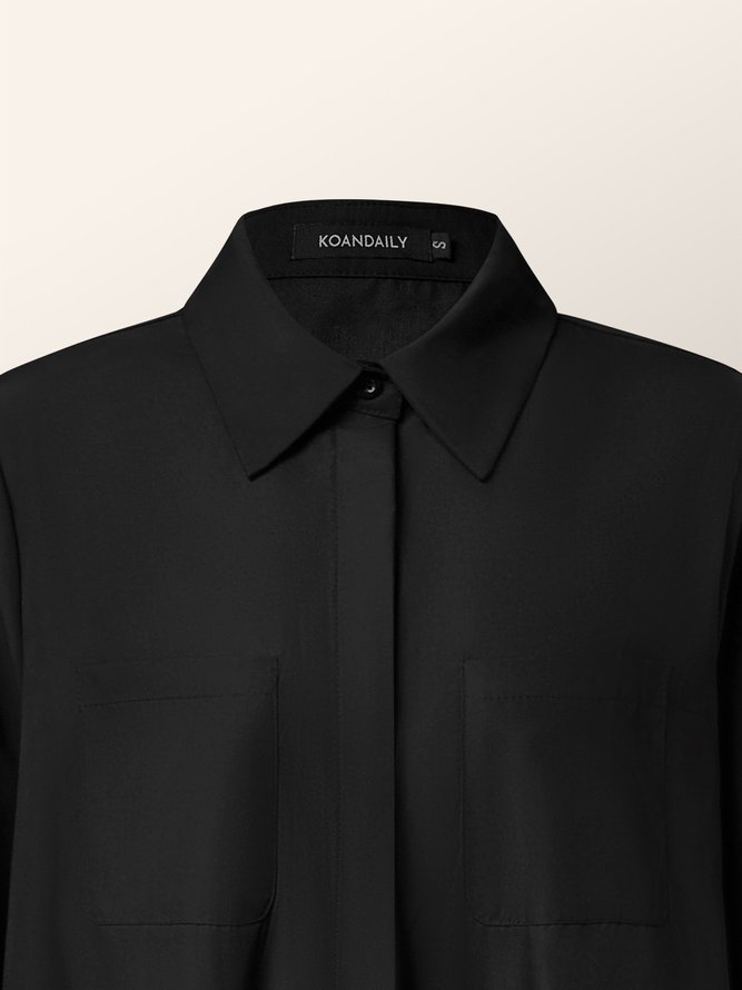 Black Loose Long sleeve Shirt Collar Plain A-Line Shirt Dresses
