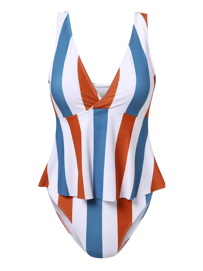 Casual Striped Printing V Neck Tankinis Two-Piece Set