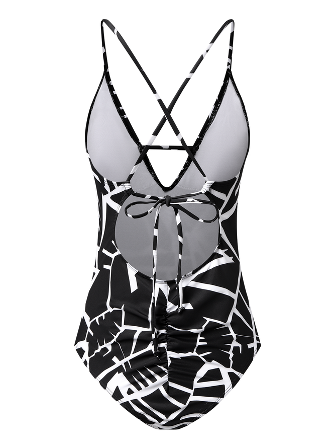 Casual Abstract Printing V Neck One Piece Swimsuit