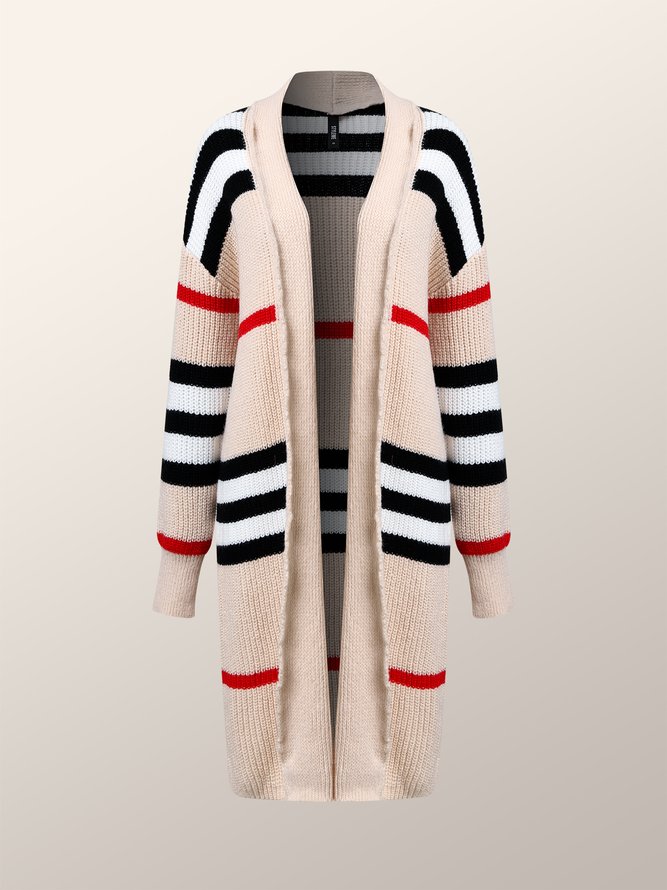 Long sleeve Striped Loose V Neck Elegant Sweater Coat