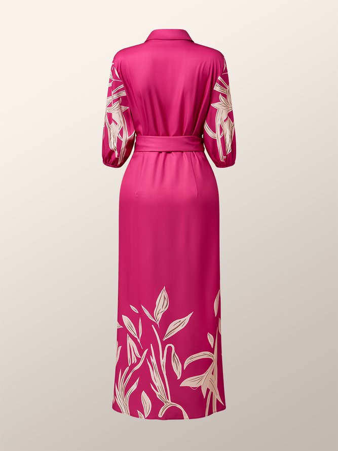 Elegant Shirt Collar  Floral Printed  Midi Dress