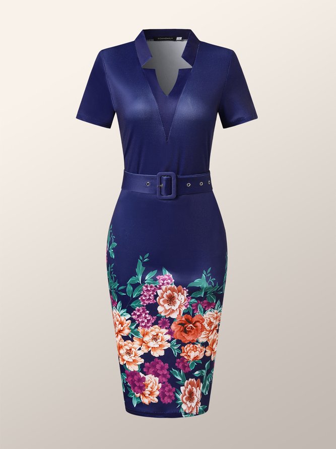 Elegant Skinny Floral Short Sleeve Knit Dress