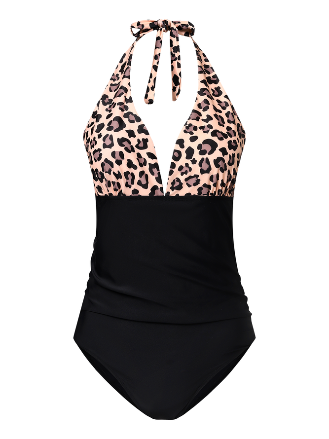 Simple Leopard Printing V Neck One Piece Swimsuit