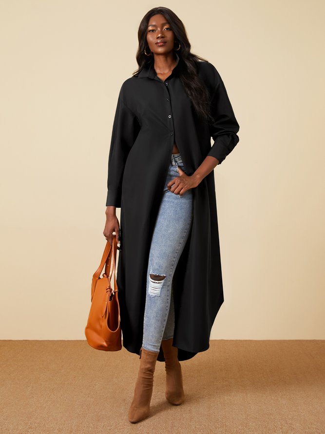 Simple Loosen Plain Long Sleeve Woven Maxi Dress stylewe