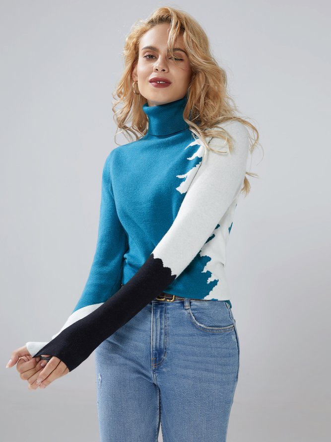Fashion Long Sleeve Turtleneck Color Block Sweater