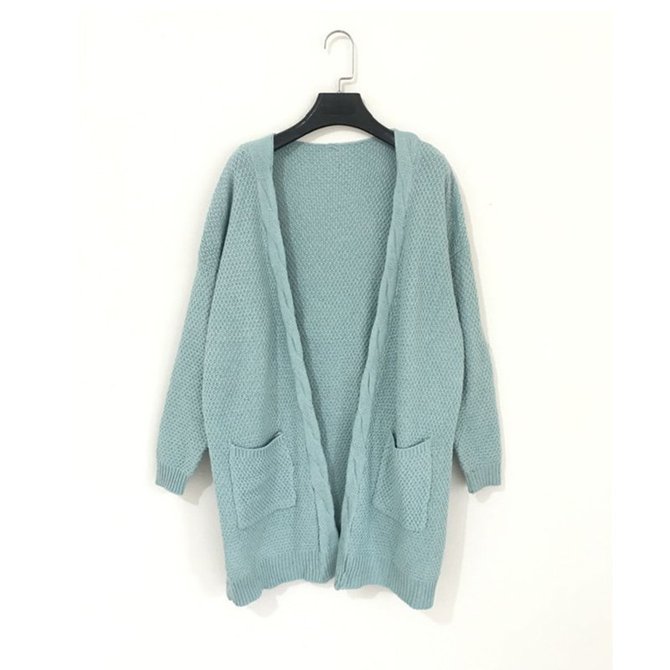 Medium Long Size Solid Color Pocket Sweater Maxi Knitted Cardigan