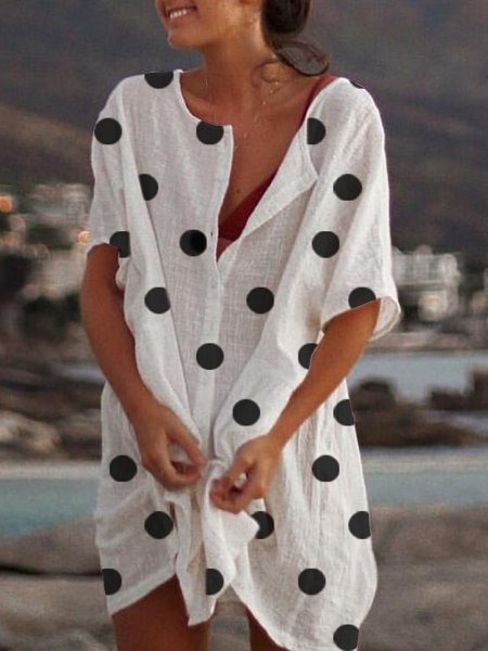 Casual Cotton Short Sleeve Polka Dots Dress