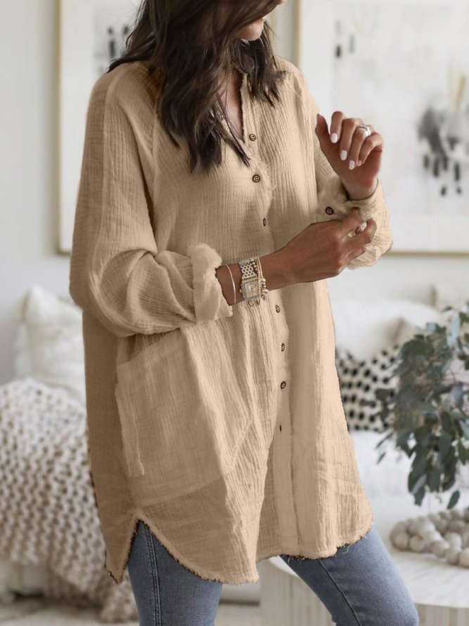 Plus Size Solid Casual  Long Sleeve  Pockets Top