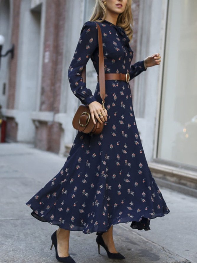 Tie-Neck Floral Printed Casual Maxi Dress