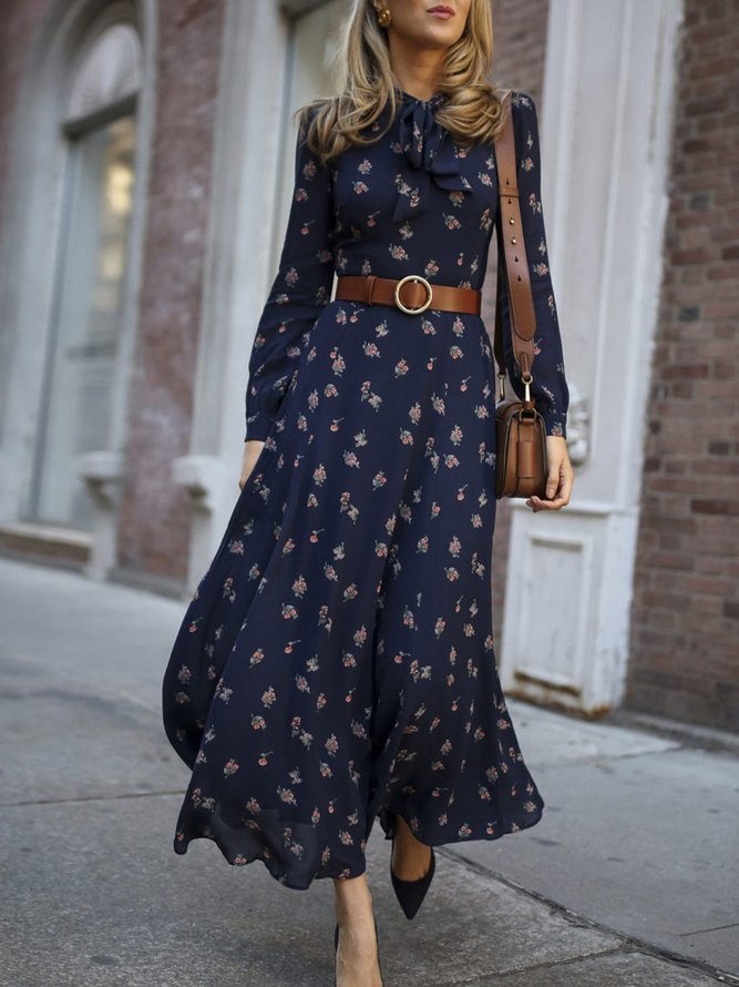 Tie-Neck Floral Printed Casual Maxi Dress