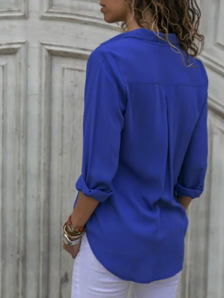 Solid Stand Collar Casual Chiffon Long Sleeve Blouse