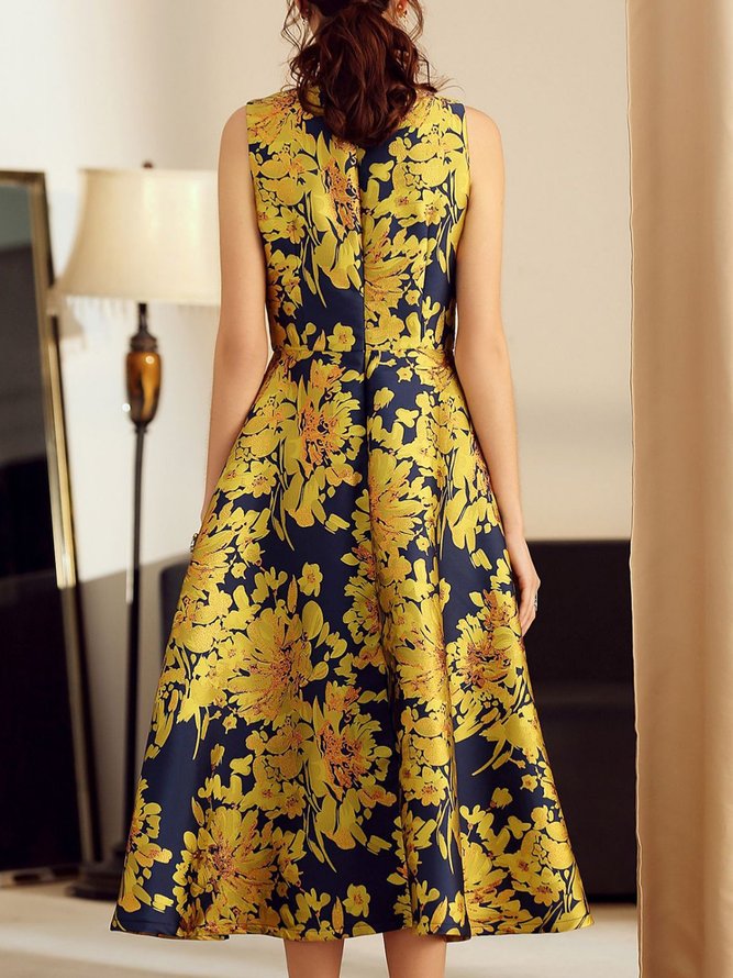 Printed Floral A-line Elegant Midi Dress