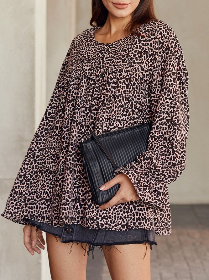 Leopard Crew Neck Frill Sleeve Shift Casual Tops