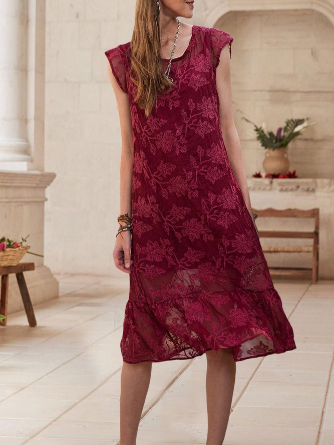 Wine Red Daily Floral-Embroidered Midi Dress