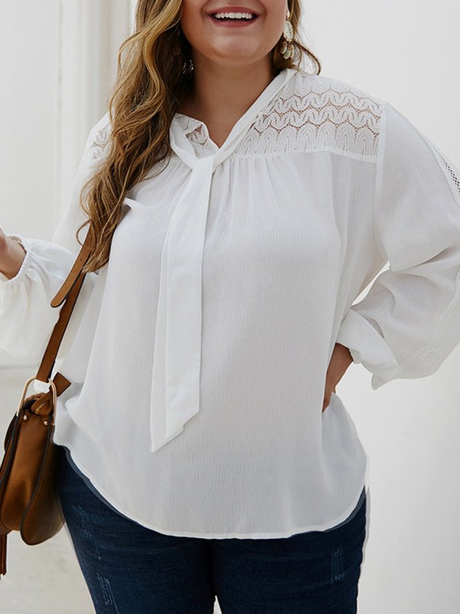 Plus Size White Long Sleeve Solid Eyelet Blouse stylewe