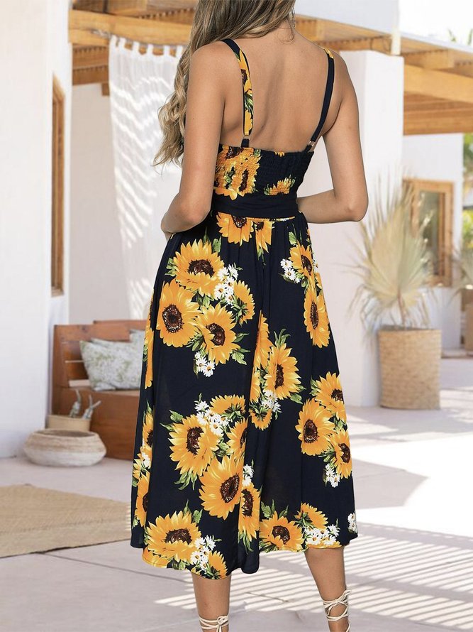 Square Neck Holiday Floral  Midi Dress